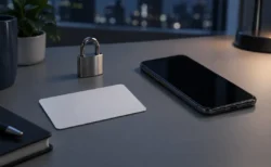 会員情報と安全なログインを表す、無地のカードとスマートフォン、閉じた南京錠のイメージ
