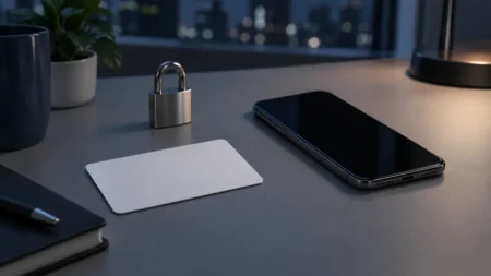 会員情報と安全なログインを表す、無地のカードとスマートフォン、閉じた南京錠のイメージ