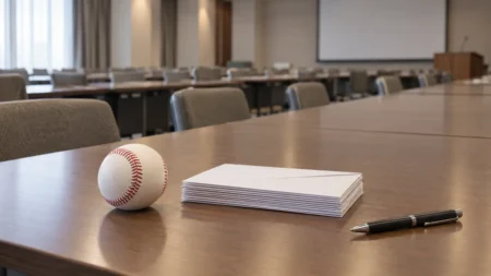会議場のテーブルに置かれた硬式野球ボールと白い封筒