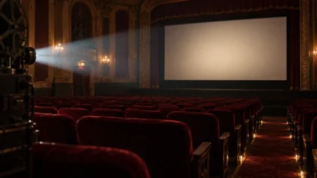 照明が落ちたクラシックな映画館の赤い客席と何も映っていないスクリーン