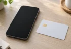 木の机に置かれたスマートフォンとICチップ付きの無地のカード