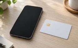 木の机に置かれたスマートフォンとICチップ付きの無地のカード