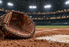 ドーム球場の照明に照らされたホームベース脇の土の上に置かれた捕手用ミット