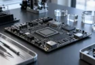 AIの開発と計算基盤をイメージしたプロセッサ基板と光学部品（生成画像）