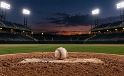 ナイター照明に照らされた無人の野球場のマウンドに置かれた硬式野球ボール