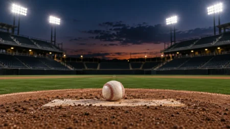 ナイター照明に照らされた無人の野球場のマウンドに置かれた硬式野球ボール