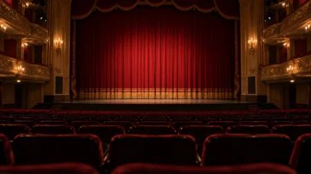 赤い緞帳が下りた開演前の劇場の客席