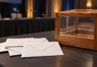 会見場のテーブルに置かれた白い封筒と木製の抽選箱