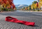 紅葉した並木が続く秋の朝の広い道路に、赤いたすきが置かれている。奥には大きなドーム屋根の建物