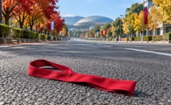 紅葉した並木が続く秋の朝の広い道路に、赤いたすきが置かれている。奥には大きなドーム屋根の建物