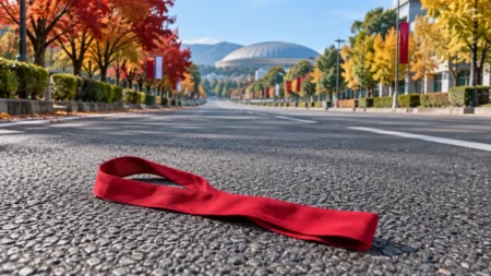 紅葉した並木が続く秋の朝の広い道路に、赤いたすきが置かれている。奥には大きなドーム屋根の建物