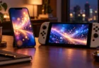 夜の机に置かれたスマートフォンと携帯型ゲーム機、画面には光の模様