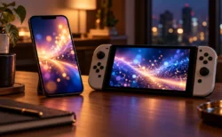夜の机に置かれたスマートフォンと携帯型ゲーム機、画面には光の模様