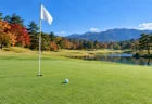 秋の紅葉に囲まれたゴルフ場のグリーンとピンフラッグ、白いボール