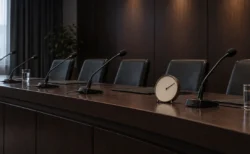 ドラフト会議をイメージした、マイクと時計が並ぶ会議用テーブル