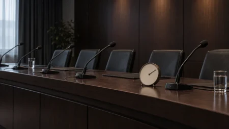 ドラフト会議をイメージした、マイクと時計が並ぶ会議用テーブル