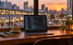 夕方の駅前を窓越しに望むカフェのカウンターに置かれたノートパソコンとコーヒー