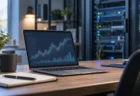 為替チャートを表示したノートパソコンとサーバー設備
