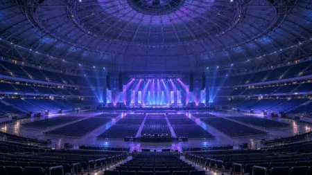 開演前の無人のドーム球場のコンサート会場とステージ照明