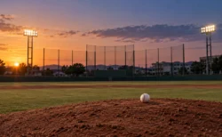 夕暮れの高校野球グラウンドのマウンドに置かれた硬式野球ボール