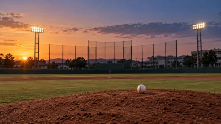 夕暮れの高校野球グラウンドのマウンドに置かれた硬式野球ボール