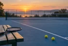 夕暮れの屋外ハードコートに黄色いテニスボールが2つ転がり、手前のベンチにラケットが置かれている