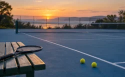 夕暮れの屋外ハードコートに黄色いテニスボールが2つ転がり、手前のベンチにラケットが置かれている