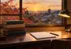 昭和の勉強部屋の木製学習机と、窓の外に見える京都の瓦屋根と紅葉