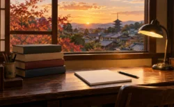 昭和の勉強部屋の木製学習机と、窓の外に見える京都の瓦屋根と紅葉