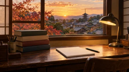 昭和の勉強部屋の木製学習机と、窓の外に見える京都の瓦屋根と紅葉
