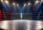 スポットライトに照らされたテレビスタジオの空のキックボクシングのリング