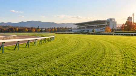 秋の午後の競馬場。緑の芝コースと白い内ラチが奥へカーブし、奥にスタンドが見える