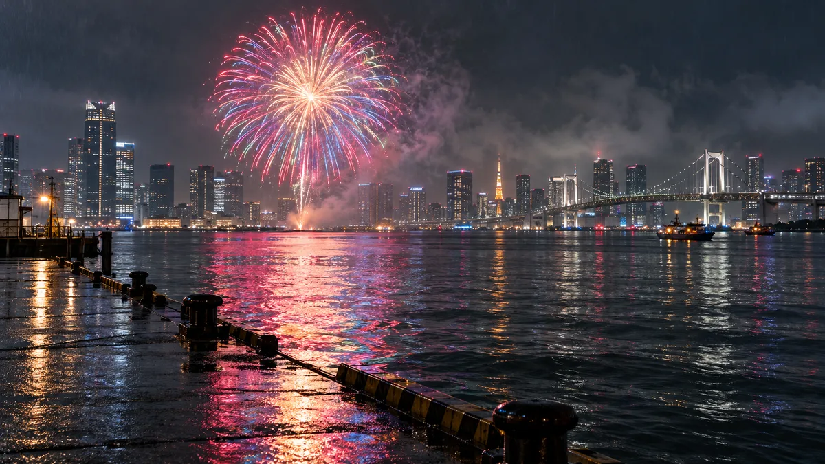 東京湾大華火祭、11年ぶりに復活　小雨の中で約1万2千発を打ち上げ