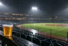 雨の夜の野球場の観客席と、手すりに置かれた紙コップのビール
