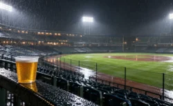 雨の夜の野球場の観客席と、手すりに置かれた紙コップのビール