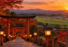 夕暮れの神社の鳥居と提灯の参道、その先に広がる競馬場の芝コース