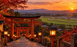 夕暮れの神社の鳥居と提灯の参道、その先に広がる競馬場の芝コース