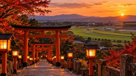 夕暮れの神社の鳥居と提灯の参道、その先に広がる競馬場の芝コース