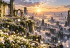 夜明けの光が差し込む廃墟の近未来都市と、白い花が咲く聖域のような高台