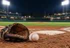ナイター照明の球場でホームベース付近の土の上に置かれたキャッチャーミットと野球ボール