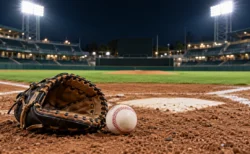 ナイター照明の球場でホームベース付近の土の上に置かれたキャッチャーミットと野球ボール
