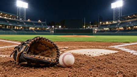 ナイター照明の球場でホームベース付近の土の上に置かれたキャッチャーミットと野球ボール
