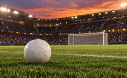ナイターの照明に照らされたサッカースタジアムのピッチとボール