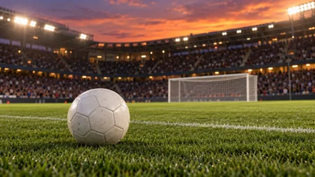 ナイターの照明に照らされたサッカースタジアムのピッチとボール