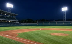 ナイター照明に照らされた夜の野球場の内野
