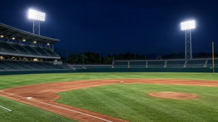 ナイター照明に照らされた夜の野球場の内野