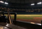 ナイター照明に照らされた野球場のベンチとグラウンド