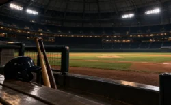 ナイター照明に照らされた野球場のベンチとグラウンド