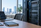 自然光が差し込むオフィスのサーバーラックと、為替チャートを表示したノートパソコン