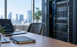 自然光が差し込むオフィスのサーバーラックと、為替チャートを表示したノートパソコン